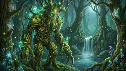 Fototapeta premium Enchanted Forest Guardian Tree Monster with Glowing Eyes and Fairies stock
