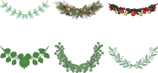 Collection of six festive garlands with various designs isolated on transparent background for holiday decoration