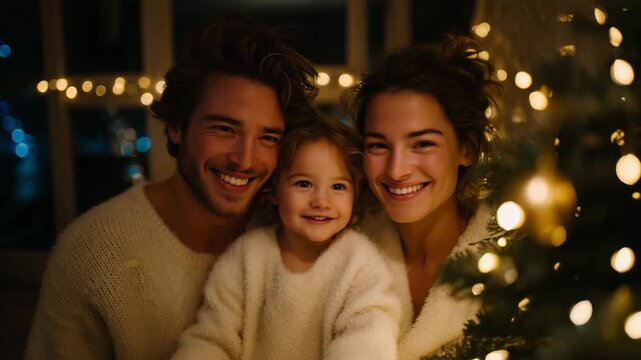 4K Happy family decorating Christmas tree together at home, cozy evening atmosphere with warm lights family moments, Christmas celebration, decorating tree, holiday tradition, warm li