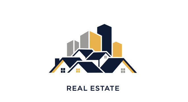 A stylized logo depicts a real estate concept with houses and skyscrapers.