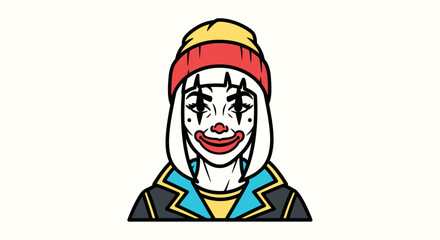 A stylized illustration of a woman in clown makeup, wearing a beanie.