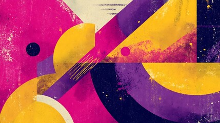 An energetic abstract design with bold geometric shapes in electric purple, hot pink, and bright yellow, layered over a rough, grainy textured surface.