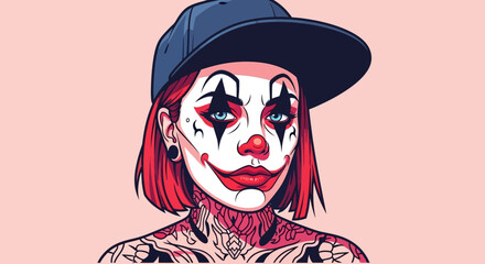 A stylized illustration of a person with clown makeup and a baseball cap.