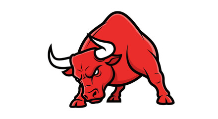A stylized, red bull with prominent horns stands aggressively, ready to charge, against a white background.