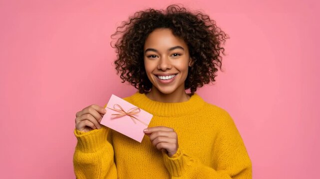 4K Happy young woman celebrating and holding gift voucher in hand, joyful emotion, pastel pink background winner expression, happy woman, gift card, celebration moment, joyful emotion