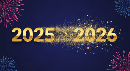 Golden numbers 2025 transforming to 2026 with glitter on dark blue background with firework, representing upcoming New Year, new beginnings, celebration