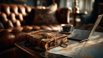 Vintage study scene with leather book map laptop coffee cup and magnifying glass
