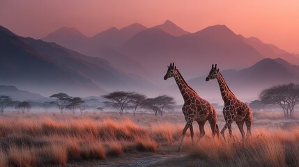 Giraffes in twilight savannah with distant mountains and misty orange sunset landscape