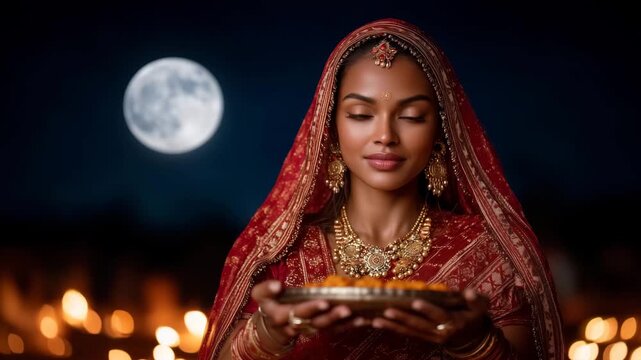 4K Indian woman dressed in red saree performing Karwa Chauth ritual under full moon, holding sieve in front of moonlight, surrounded by diyas and festive sweets Karwa Chauth, Indian f