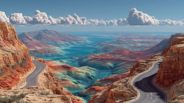 Winding roads through red canyon cliffs overlook turquoise waters and dramatic clouds. - Powered by Adobe