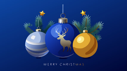 3D Christmas ornaments pine branch golden reindeer blue merry christmas