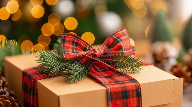 Festive holiday gift box with pinecones and bokeh lights celebrating christmas