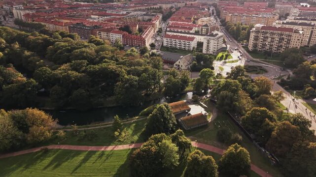 Aerial view of roundabout and buildings in Malmo, Sweden.