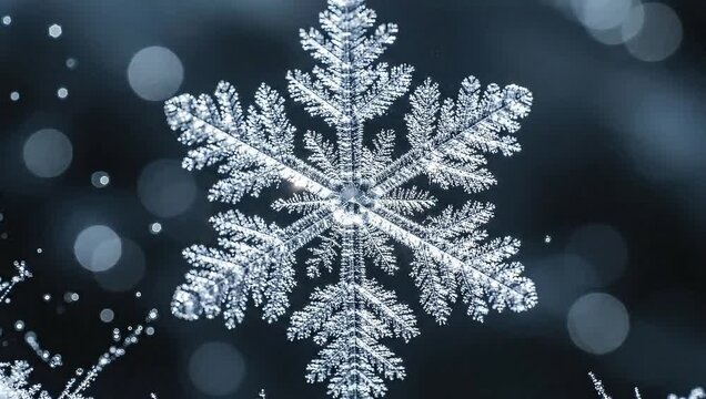 Extreme close-up of a perfectly formed ice crystal snowflake with intricate geometric patterns