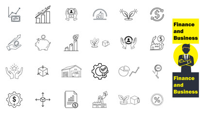 Finance and business outline icon set for growth and investment