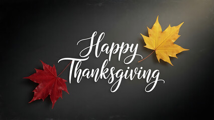 Happy Thanksgiving greeting with autumn leaves on a dark background