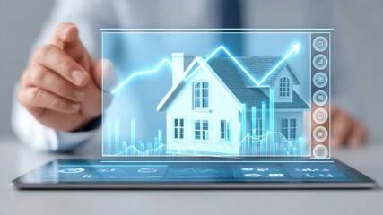 Hand Holding Digital Tablet Displaying 3D Model of House with Graphs and Charts for Real Estate Analysis and Management 4k Video footage - Powered by Adobe