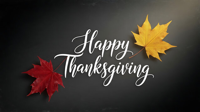 Happy Thanksgiving greeting with autumn leaves on a dark background