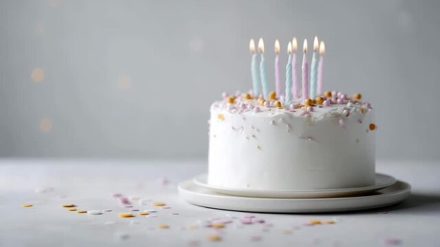 4K Minimal birthday composition, white background, cake with 2026 candles, confetti, pastel colors, clean light, product mockup, elegant simplicity, modern festive look, airy style