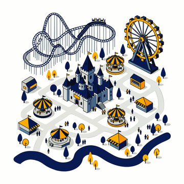 A vibrant isometric illustration depicts a bustling amusement park, showcasing a majestic castle, thrilling roller coaster, Ferris wheel, and fun carousels.