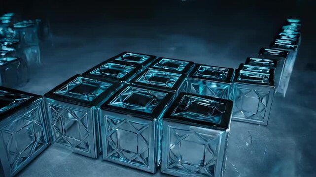 Floating ice cubes with geometric patterns hover in a misty blue light. the ethereal and futuristic ambiance is enhanced by a reflective surface and a dark background, perfect for creative design and 