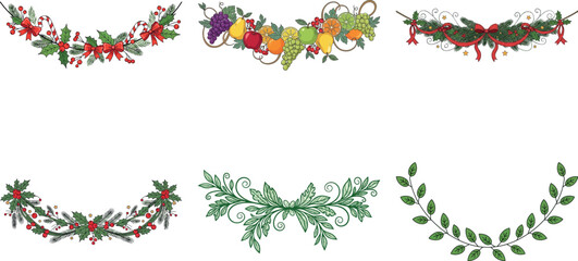 Festive christmas garlands isolated on transparent background, featuring holly, berries, and decorative elements for holiday cheer