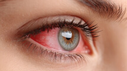 Obraz premium A close up view highlights a human eye with noticeable redness showing intricate details of the iris. The lighting captures the unique colors and textures indicating potential irritation.
