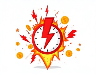 Exploding clock face, struck by lightning amidst scattered coins and star shapes, set against a white backdrop