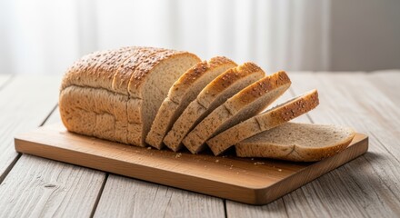 Sliced whole grain bread on wooden cutting board