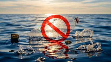 Plastic bottle floating in the ocean with a red prohibition symbol overlay, symbolic anti-pollution message.