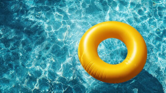 A vibrant yellow inflatable ring drifts peacefully on sparkling blue water under the sun. This scene captures a relaxing summer day by the pool inviting leisure and enjoyment.