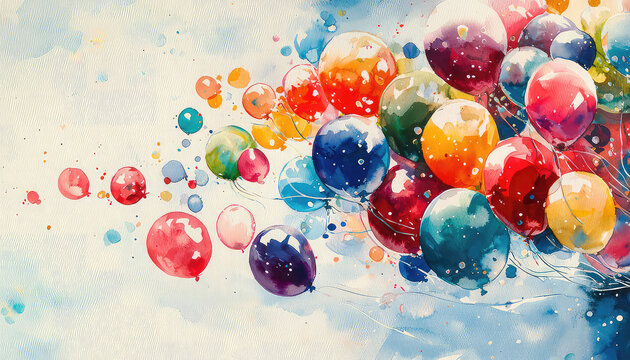 Colorful watercolor balloons floating against a clear sky, their bright colors popping joyously in a festive arrangement