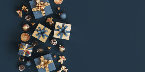 Obraz na płótnie Canvas Christmas decoration with Christmas presents on blue background with copy space. Christmas banner design. 3D Rendering, 3D Illustration