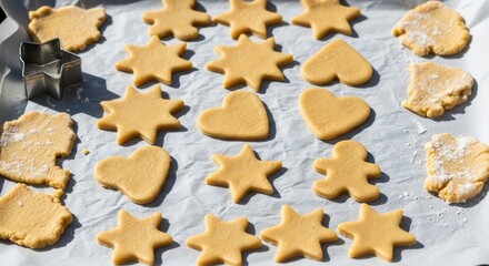 Various shaped unbaked cookies on baking tray ready for oven