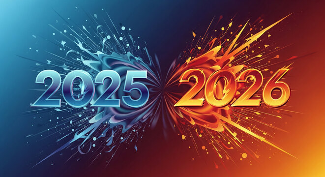 Image with numbers 2025 and 2026, split by a blue and orange abstract explosion, symbolizing transition, future, potential and upcoming year - Powered by Adobe