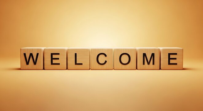 The word welcome spelled out with individual wooden letter blocks on a warm, glowing golden background, symbolizing a greeting and hospitality