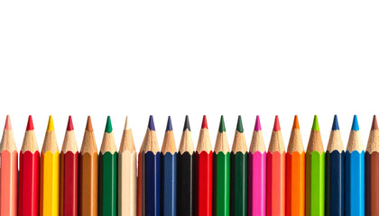 Fototapeta premium Row of sharpened colored pencils, tips facing forward, against a black background