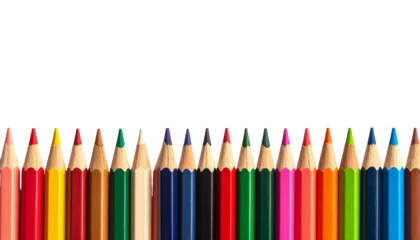 Row of sharpened colored pencils, tips facing forward, against a black background