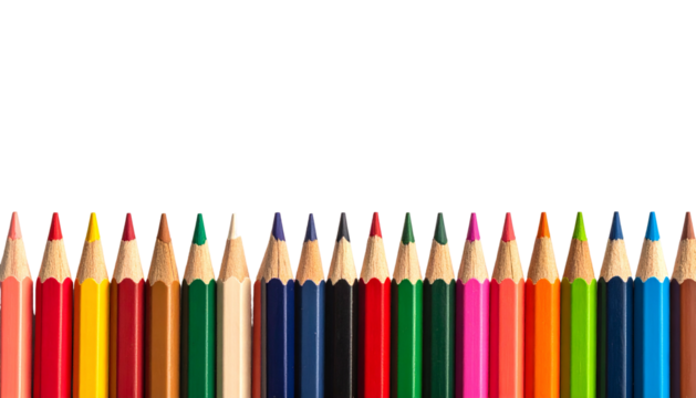 Row of sharpened colored pencils, tips facing forward, against a black background - Powered by Adobe