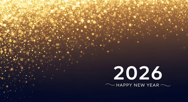 Golden bokeh light shines on a gradient dark background, representing celebration for New Year 2026, joy, and hope for future success and festive mood