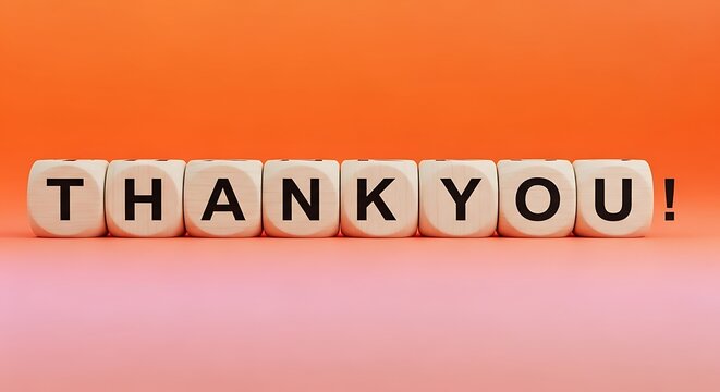 A heartfelt message of gratitude and appreciation spelled out with white letter blocks forming the phrase Thank You! against a solid orange background