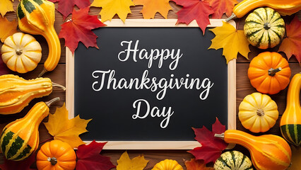 Festive Thanksgiving Day Blackboard Surrounded by Colorful Autumn Harvest