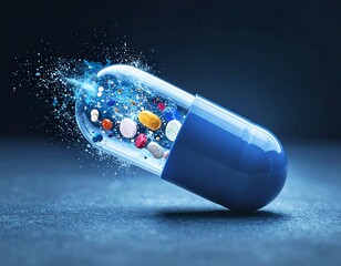 Exploding pill capsule with medicine pieces, blue tones, and a textured, dark background