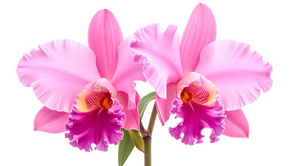 Two vivid pink orchids, detailed petals, yellow and purple accents, green stem, black background