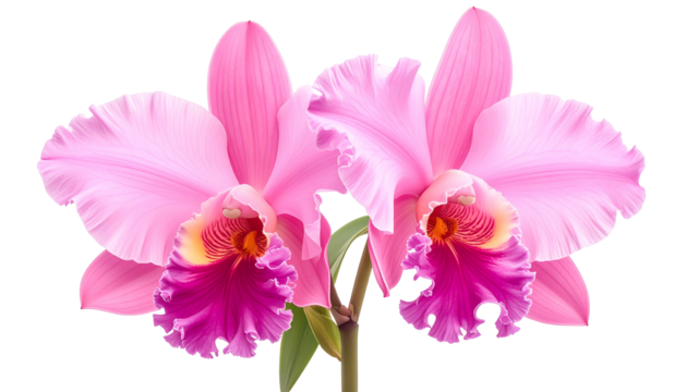 Two vivid pink orchids, detailed petals, yellow and purple accents, green stem, black background