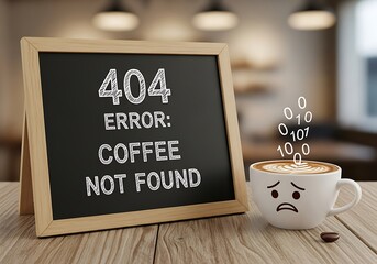 Funny 404 error message on a small chalkboard next to a sad coffee cup with binary code. 404 error coffee