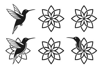 Mandala style hummingbird icon set with minimalist design