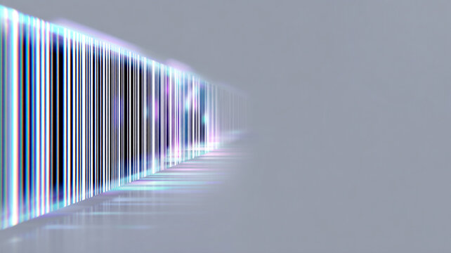Colorful Hologram Barcode Projecting Data Module Positioned on Gray Background with Abstract Patterns and Reflections