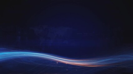 Dark blue background with a faint world map and a glowing wave of blue and orange light streaks abstract - Powered by Adobe