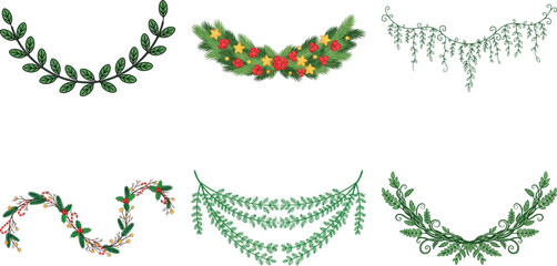 Set of six festive christmas garlands isolated on transparent background, perfect for adding a touch of holiday cheer to your designs